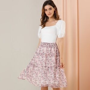 Allegra K Floral Chiffon Skirt XS - Smocked Waist & Tiered